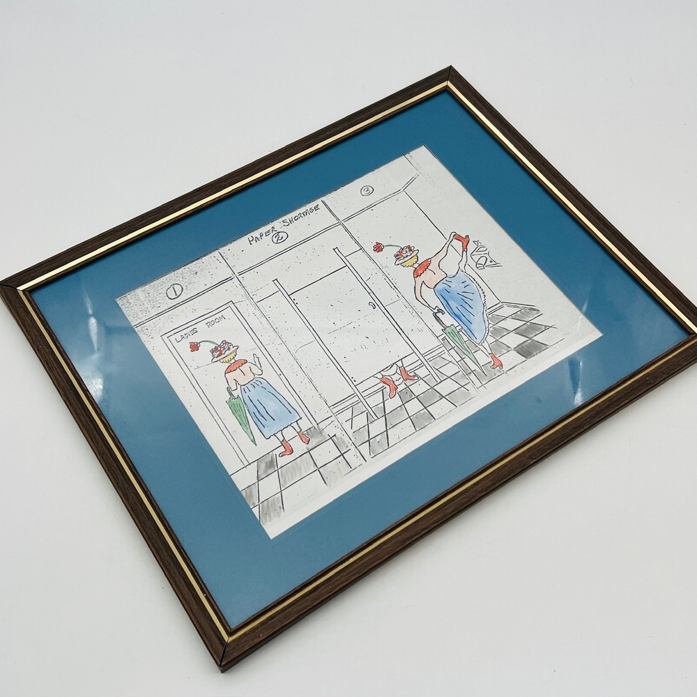 Vintage Paper Shortage Comic Bathroom Art Framed Print Blue Mat 11x14 Humorous